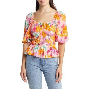WAYF Top Off Shoulder Linen Blend Floral Print Ruched Smocked NWT